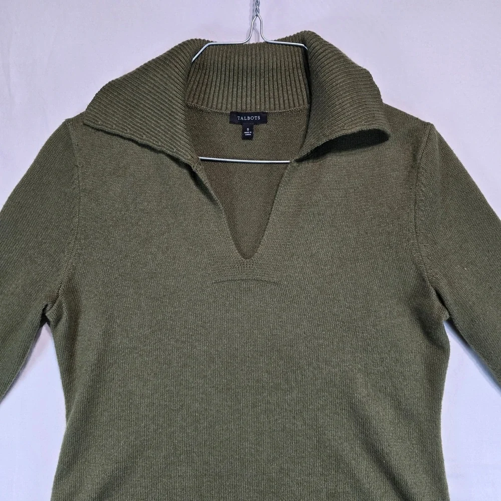 Talbots Womens Olive Green Long Sleeve V-Neck Polo Collar Sweater Dress Small - Picture 4 of 15